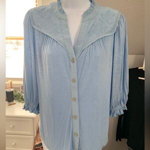 Democracy Light Blue Embroidered V-Neck Top